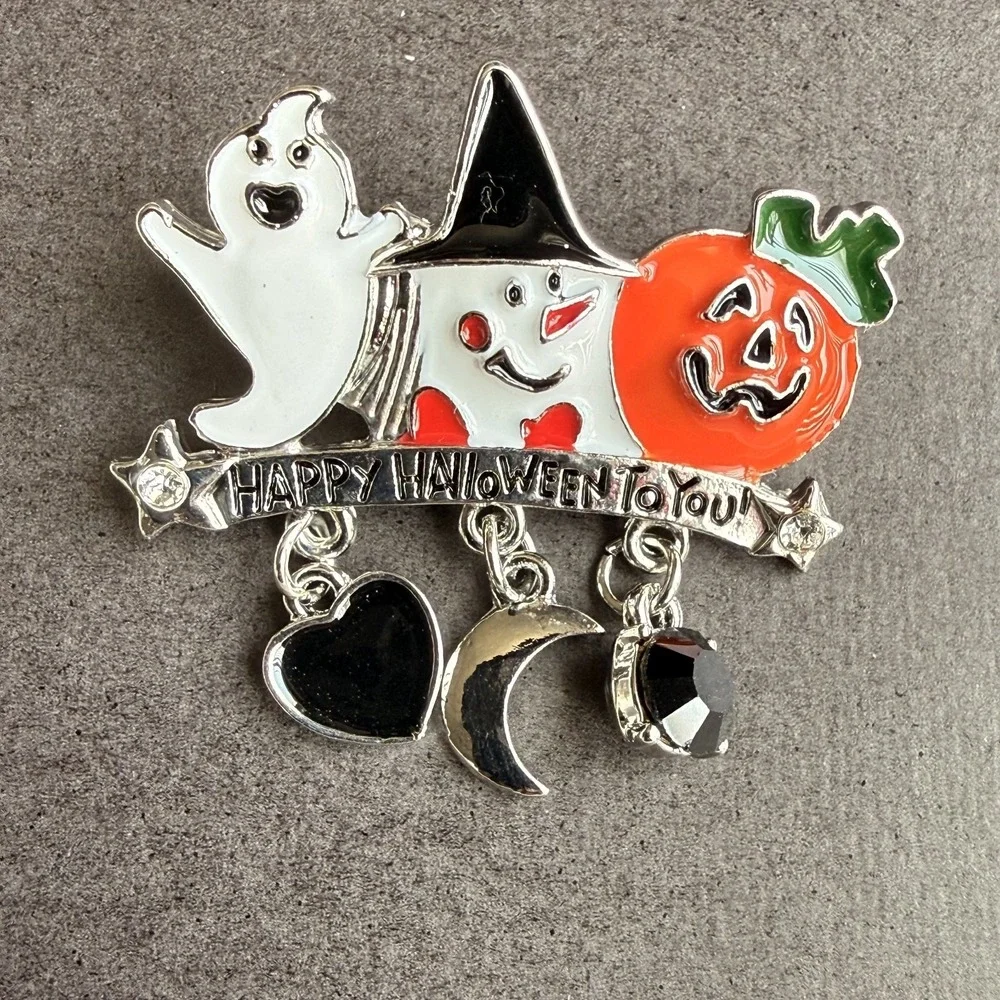 Halloween Brooch White Ghost Pumpkin Witch Enamel Black Crystal Dangle Silver